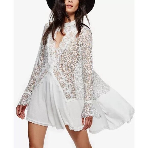 SOLD Free People M White Sheer Lace Dress / Tunic Victorian Boho Bride Bell Slee - Picture 4 of 13